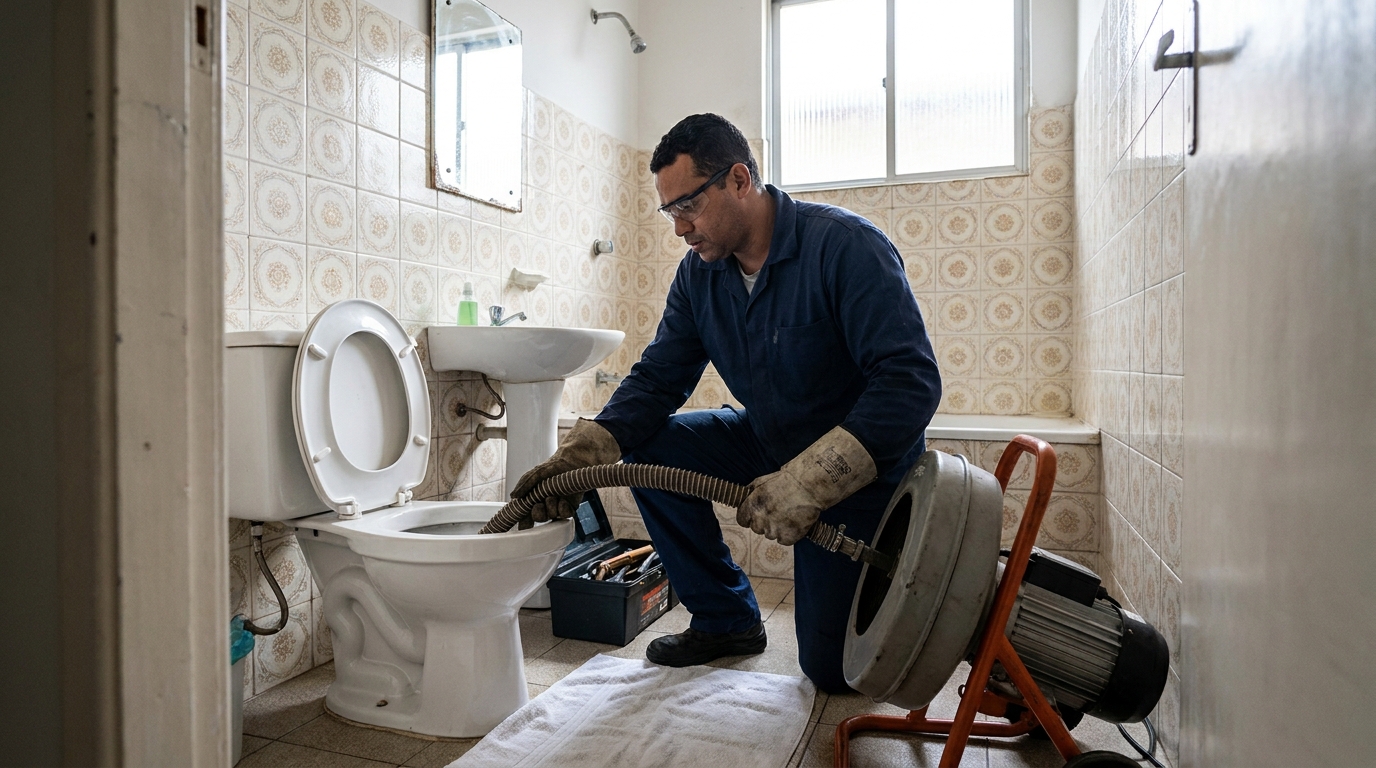 Profissional desentupindo vaso em Santos‑SP