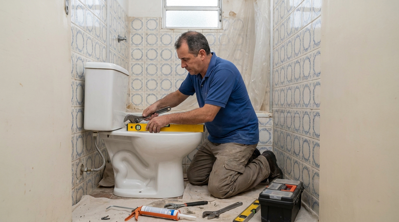 Técnico instalando vaso sanitário em Santos‑SP